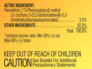 A typical insecticide label includes both common and chemical names for the active ingredients. The common name of the active ingredient in this product is permethrin.