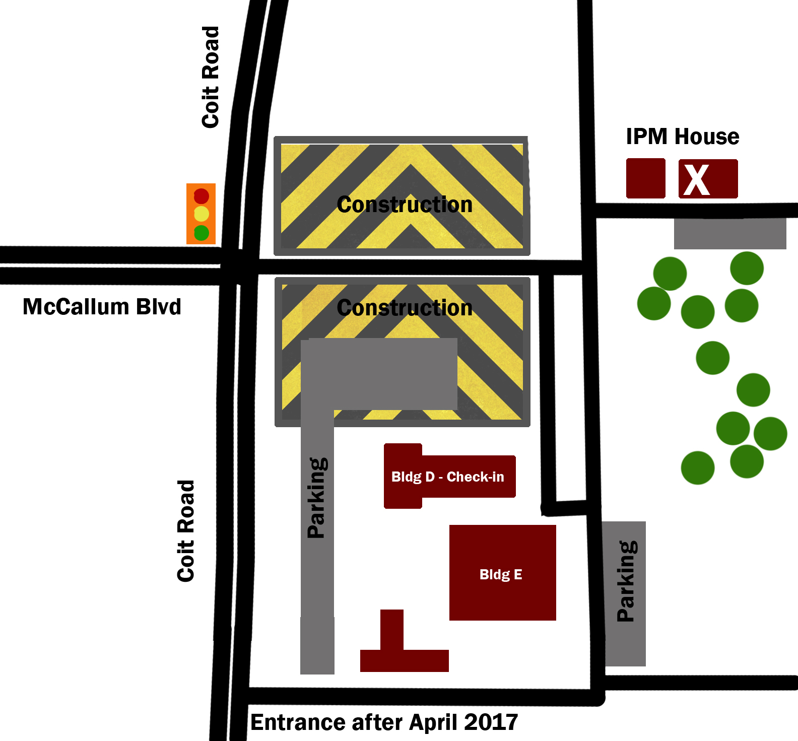 Dallas Center campus map showing IPM House and construction