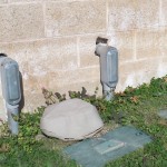 Image of openings around conduit lines entering a brick wall from outside; there are large openings where the conduit enters the building.  A rodent bait station is between the two conduit lines.